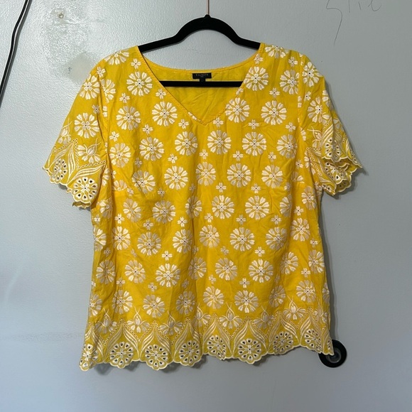 Talbots Tops - Talbots Yellow White Floral Embroidery Short Sleeve Cotton Blouse Size 16W